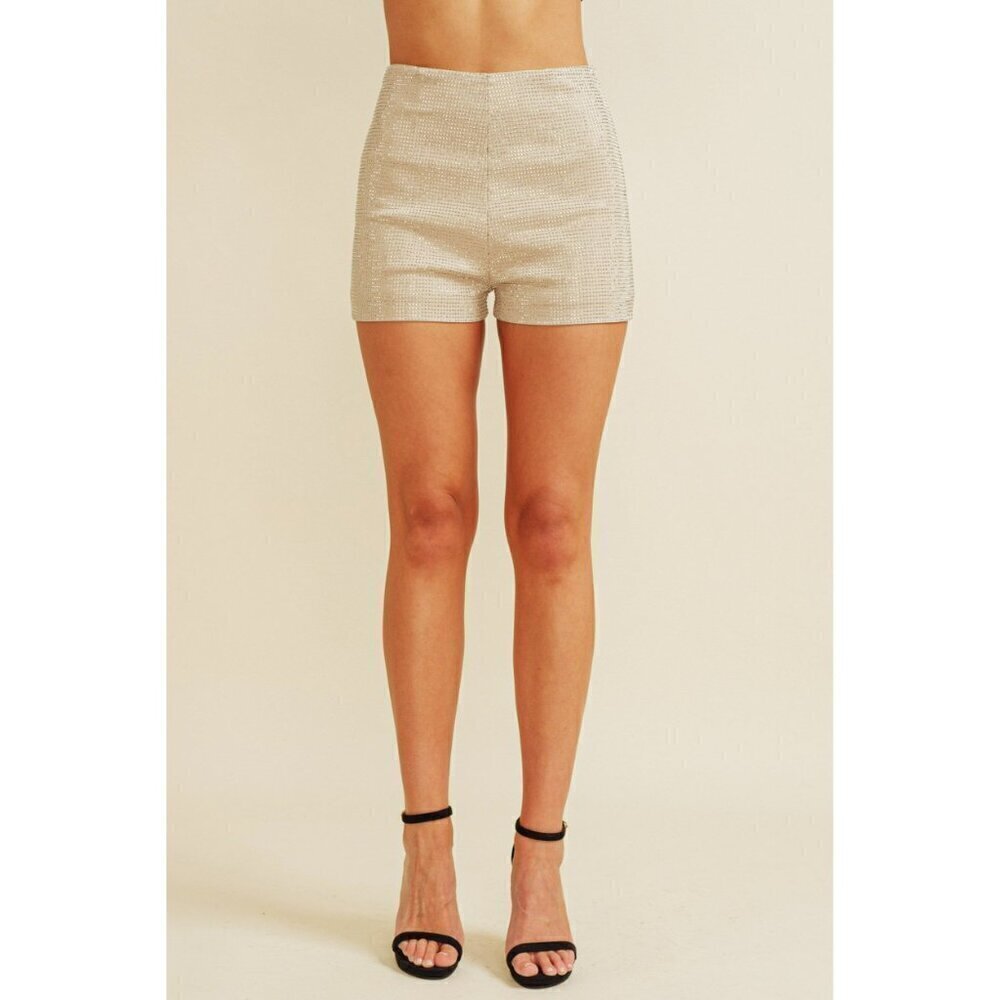 Got A Reputation High Waisted Rhinestone Diamond Shorts in Tan - Picture 7 of 7